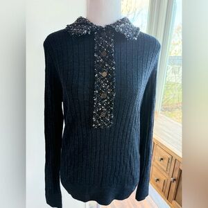Tory Burch EUC Camilla Ribbed Wool Sweater Navy Tweed L